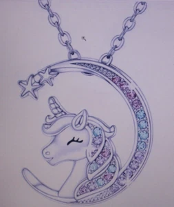 Unicorn In Moon Colorful Rhinestone Pendant Necklace Silver 20" Girls Jewelry - Picture 1 of 3