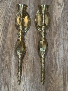 Vintage Pair of Large Brass Wall Mounted Candle Holders Sconces 14.5 Inches - Picture 1 of 6