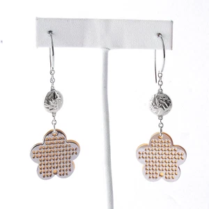 STAINLESS STEEL 2-TONE FISHHOOK FLOWER EARRINGS, 2.5" LONG - Picture 1 of 2