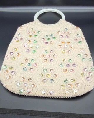 复古 Starburst 串珠手提包 复古象牙色塑料戒指手柄 波西米亚 — 第 1/4 张图片