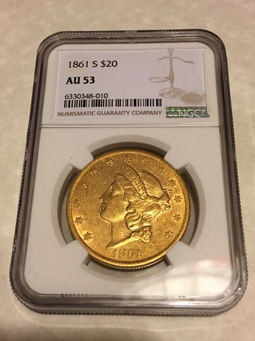 1861-S AU53 NGC Double Eagle $20 Liberty Gold Coin very nice appeal (no PCGS) Cover