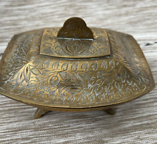 Vintage Brass Candy Dish Etched Lid Footed Dot Pick Signed India Trinket Unique