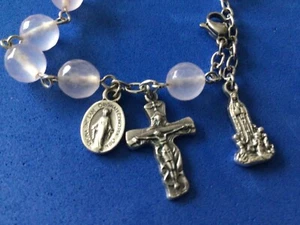 Rose Quartz ROSARY BRACELET Our Lady of FATIMA Trinity Cross 8mm Handmade 7-8” - Picture 1 of 6