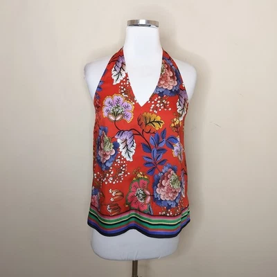 Camiseta sin mangas Express Halter talla XS para mujer floral a rayas satinado espalda dividida Foto 1 de 4