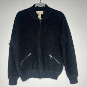 Vintage schwarze Boucle Wolle Bomberjacke durchgehender Reißverschluss Damen kleine Taschen Streetwear - Bild 1 von 11