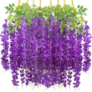12 Pack Artificial Flowers Silk Wisteria Vine Ratta Hanging Flower (Blue) - Picture 1 of 7