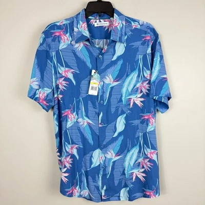 Cubavera 纽扣衬衫男式中号荷兰蓝色花卉粉红色花朵海滩热带 — 第 1/4 张图片