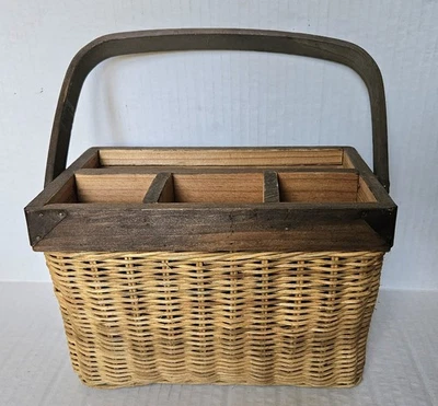 Mid Century Wicker & Wood Caddy Basket w/ Dividers- Farmhouse Kitchen Decor - Image 1 of 4