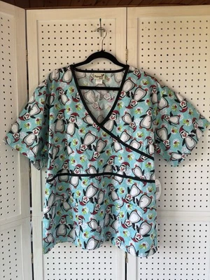Peppermint Scrubs Top Short SLV Christmas Penguin Winter Women's 2X NWT - Image 1 of 4