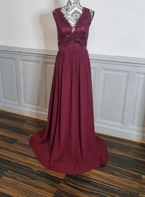 robe cérémonie longue bordeaux buste dentelle Taille 48 Neuf Soiree Cocktail  - Photo 1/3