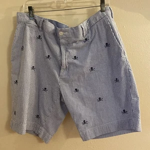 Polo Ralph Lauren Shorts Mens 38 Blue Striped Seersucker Skull Crossbones Preppy - Picture 1 of 10