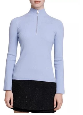 Maje Madrilena Lt.Blue Quarter Zip Rib Knit Pullover Sweater~S~$265 NWT~Sold Out - Image 1 of 4