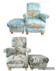 Adult Armchair & Footstool Prestigious Atlas Fabric Chair Pouffe Blue Cream Maps