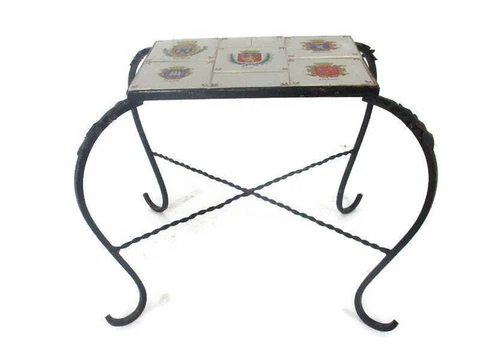 French Shields Vintage Side Table Plant stand Ceramic Tiles Wrought Iron Legs Cover