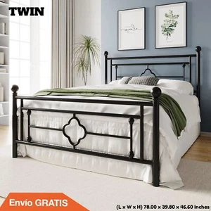 Queen Size Heavy Duty Metal Bed Frame Vintage Metal Platform with Headboard - Picture 1 of 15