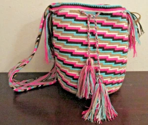 Bag Wayuu Mochila Bucket Boho Colombia Rioacha Brown Tan White Pink Turquoise 65 - Picture 1 of 6