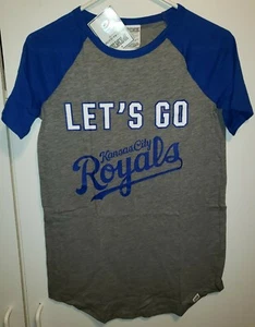 VICTORIAS SECRET KANSAS CITY ROYALS LETS GO TSHIRT PINK XS MLB RAGLAN GRAY BLUE - Picture 1 of 6