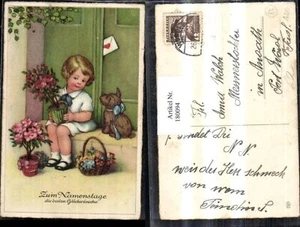 180094,Namenstag Kind m. Rosenstock Blumenstock Blumen Korb Hund Brief - Bild 1 von 1