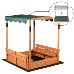 Wood Convertible Canopy Sandbox with Covered Bench Seats Kids Play Sand Box Toys - Picture 1 of 10
