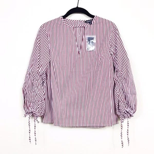 Neu mit Etikett Express Damenoberteil Größe XS gestreift Schlüsselloch weinrot 3/4 geraffte Ärmel Stretch - Bild 1 von 8