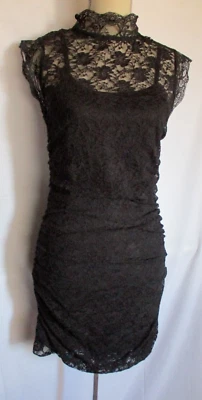 NWT Y2K AUDREY ANN Dress JR L Black Lace stretch ruched 80s Witchy Vampire Goth - Image 1 of 4