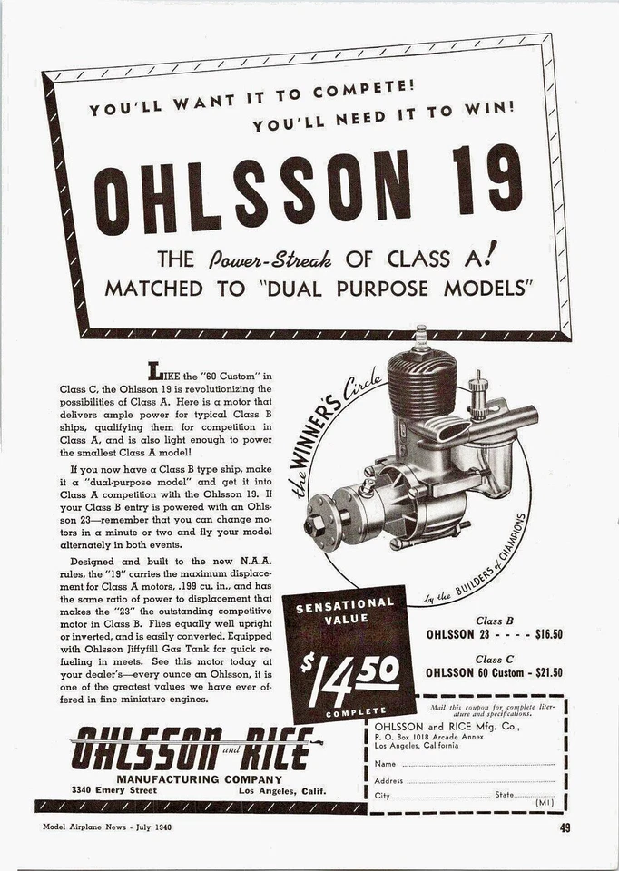 Ohlsson 19 RC Engine 1940 Print Ad Wall Art Ephemera Class A - Image 1 of 1