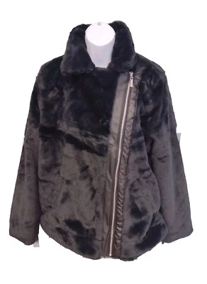 Jou Jou Faux Fur Jacket Woman's Size Medium Full Zip Black Lined Pocketed Coat - Image 1 of 4