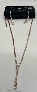 Windsor Cubic Zirconia On Rose Gold Dangle Earrings Necklace Set Rhinestone VTG - Picture 1 of 6
