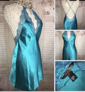 Victoria’s Secret SATIN Chemise S Teal Plunge Back Nightie Gown SEXY Halter Lace - Picture 1 of 12