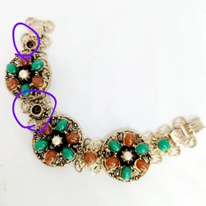 Vtg Chunky Ornate Victorian Revival Faux Carnelian Jade Pearl Cabochon Bracelet - Picture 1 of 8