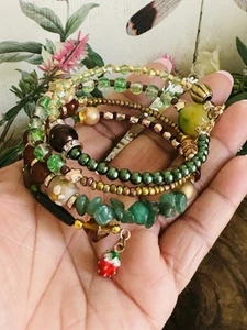 Green Witch Pagan Strawberry Wicca Bracelet - Heart Chakra Healing Crystals - Picture 1 of 8