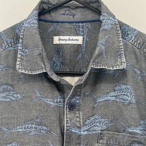 Tommy Bahama Marlin Bar Silk Button Down Shirt Gray Fish Print M/M - Picture 1 of 9