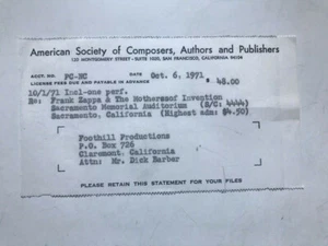 FRANK ZAPPA Sacramento Memorial Auditorium 10/6/71 ASCAP license receipt - Picture 1 of 1