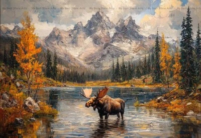 IMPRESIÓN ARTÍSTICA OTOÑO ALCE DE MONTAÑA, Póster de paisaje otoño animal de granja decoración E375 Foto 1 de 2