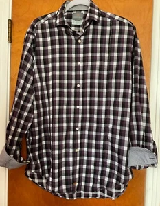 Thomas Dean Men's Shirt Sz M Button-Front Purple Plaid Check Flip Cuff  Casual - Picture 1 of 11