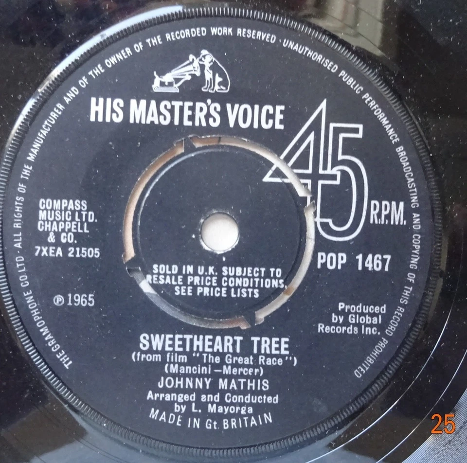 JOHNNY MATHIS-SWEETHEART TREE--MIRAGE--UK HMV--1965--7" VINYL 45-V/G+ - Image 1 of 1