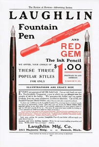1908 Laughlin Fountain Pen Detroit RED GEM Ink Pencil - Original COLOR Print Ad - Picture 1 of 4