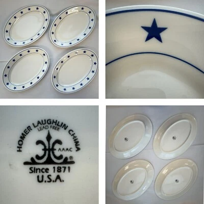 Brand New Set of 4 Homer Laughlin Blue Star Platters / Plates 13 3/8" Oval USA