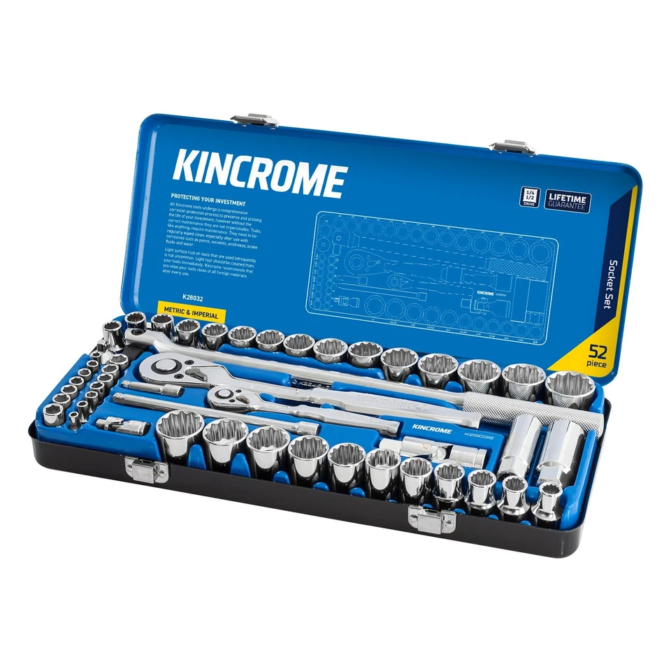 Kincrome K28032 52 Piece 1/4" & 1/2" Square Drive Metric & SAE Chrome Socket Set