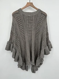 American Boutique OS Knitted Poncho Sweater Gray Ruffle Boxy Stretchy - Picture 1 of 10