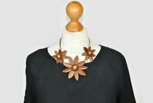 Vintage Handmade Wooden Brown Flowers on Cord Short Necklace - Picture 1 of 14