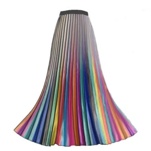 Damen Regenbogen Faltenrock Midi Elastische Taille Swing Freizeit Mode Party Club - Bild 1 von 9
