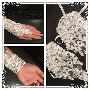 Fingerlos Weiß Ivory Rot Brauthandschuhe Braut Handschuhe Strass Hochzeit Spitze - Bild 1 von 24