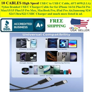 10 CABLES ALTA VELOCIDAD USB C a C Cable, 6FT 60W 3.1A Cable de Carga Alta Velocidad - Imagen 1 de 8