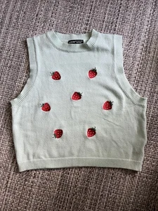 Shein knit embroidered strawberry sweater vest Large Crewneck Whimsical artsy - Picture 1 of 7