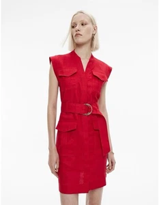 Witchery Dress Size 8 Red Utility French Linen Belted Pockets Party Races Casual - Picture 1 of 10
