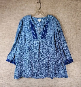 J.Jill Blätter Print Tunika Bluse V-Ausschnitt Damen XL Blau Langarm Pullover Oberteil - Bild 1 von 10