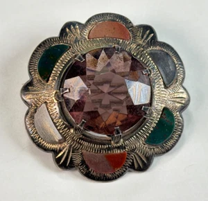 Antique Scottish Agate Sterling Silver Amethyst Brooch - Picture 1 of 7