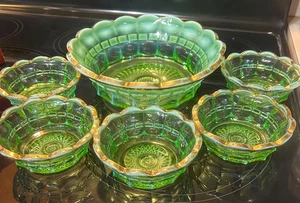 EAPG NORTHWOOD Regal Emerald Green Opalescent 6 Piece Berry Bowl Set - Picture 1 of 8