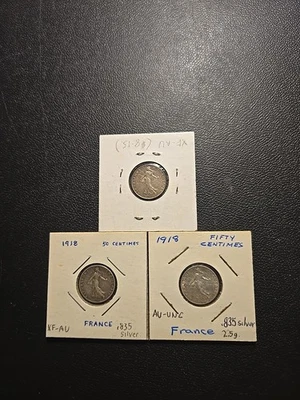 Três moedas de 50 centavos de prata França 0,835--1908, 1918 - Imagem 1 de 2